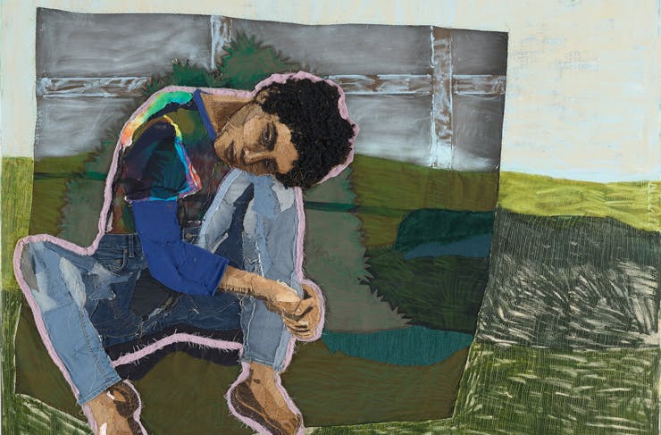 Winner Archibald Prize 2023, Julia Gutman 'Head in the sky, feet on the ground', oil, found textiles and embroidery on canvas. 