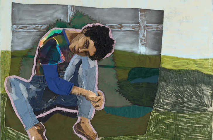 Winner Archibald Prize 2023, Julia Gutman 'Head in the sky, feet on the ground', oil, found textiles and embroidery on canvas. 