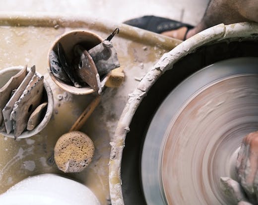 a pottery wheel and tools