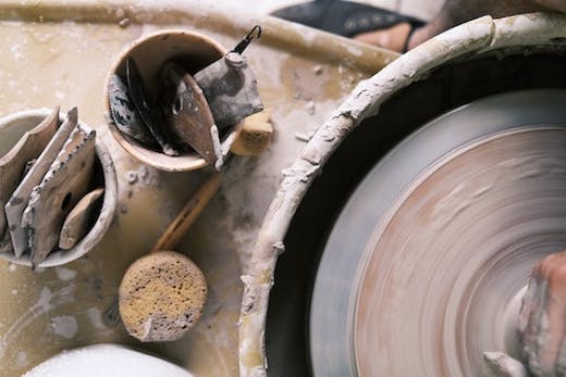 a pottery wheel and tools