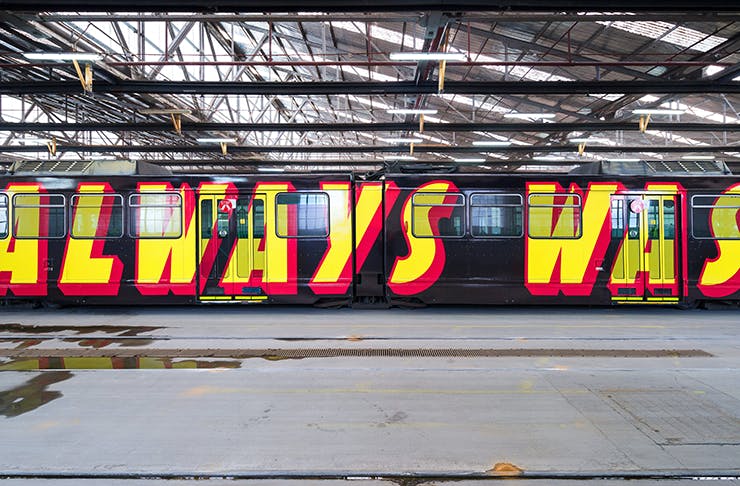 A tram with the words 