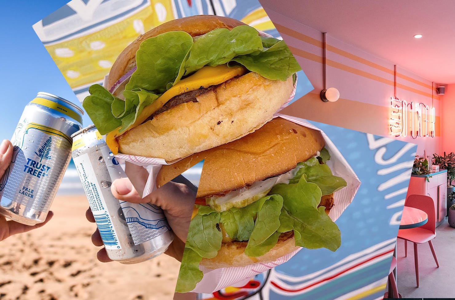 A collage featuring Trust Tree beer cans, a burger, and the pink-hued dining room at Sunset Diner in Avalon. 