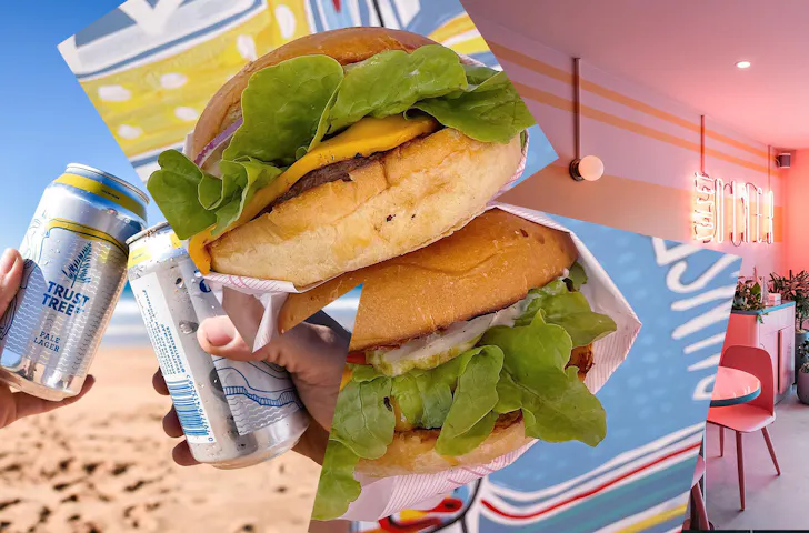 A collage featuring Trust Tree beer cans, a burger, and the pink-hued dining room at Sunset Diner in Avalon. 