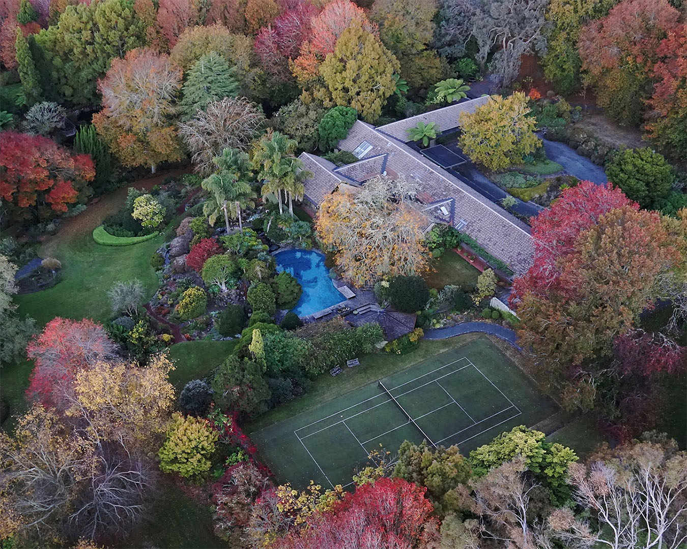 An aerial view of Ayrlies Garden showing blue water and autumnal colours.