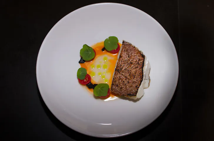 A plated-up meal from Bangalay Dining, where chef Brent Strong focuses on local native ingredients. 
