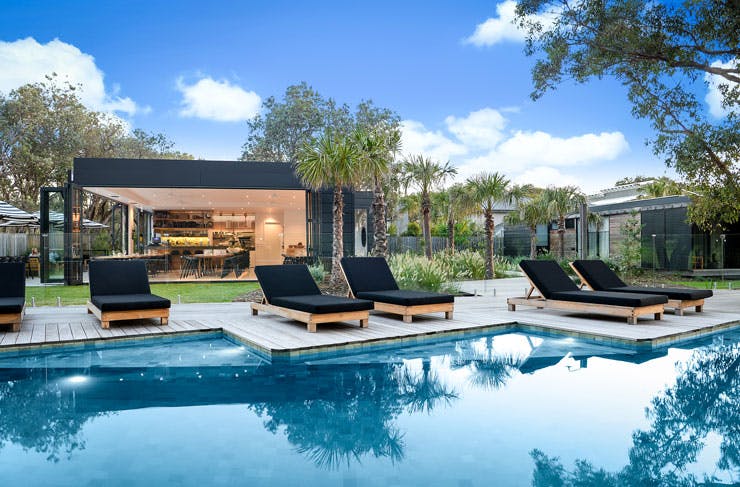The pool at Bangalay Villas. Beside it is the onsite bar and restaurant, Bangalay Dining. 