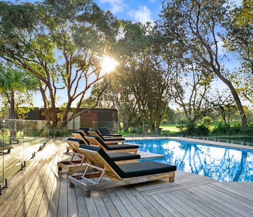 The pool at Shoalhaven Heads' luxury beachside retreat, Bangalay Villas. 