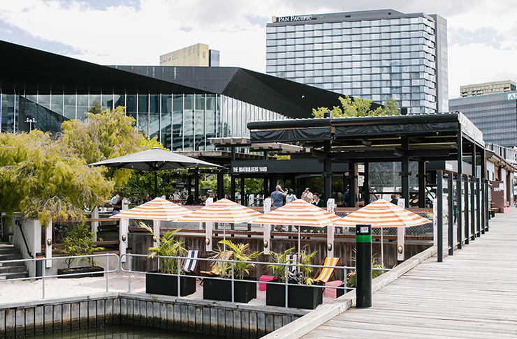 An open-air bar by the Yarra River.