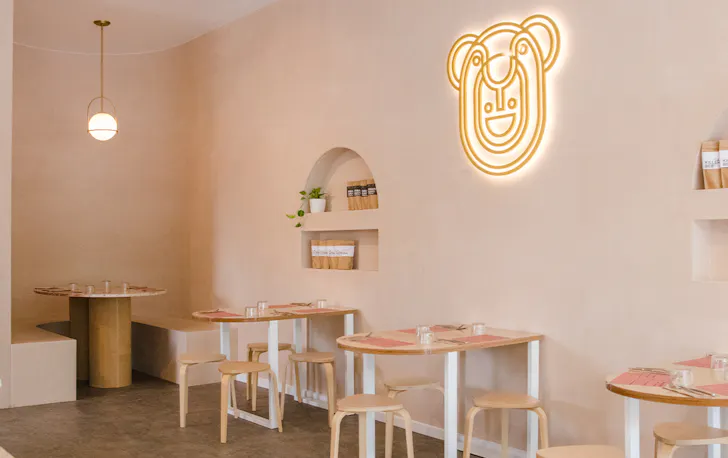 pink interior of a cafe