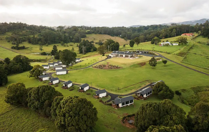 drone view of Beechmont Estate, with cabins on a hill