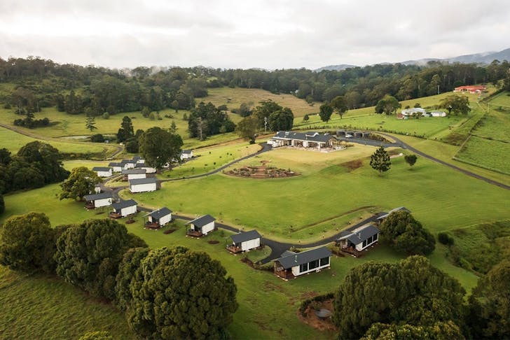 drone view of Beechmont Estate, with cabins on a hill