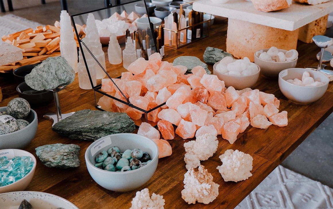 a table filled with a variety of crystals
