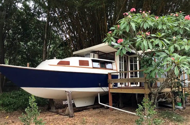 a tiny landlocked boathouse