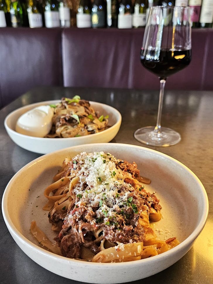 âFresh pasta and red wine at Bertie wine bar in Perth with tagliatelle ragu and burrata.â