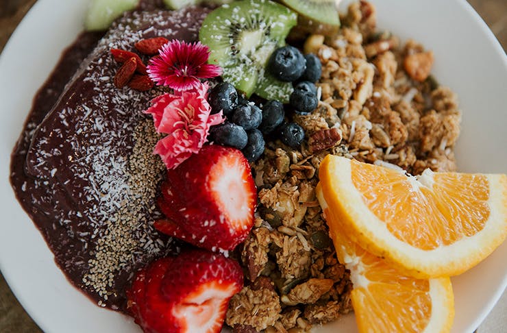 A close-up of an acai bowl from Greenhouse Cafe on the Sunshine Coast.