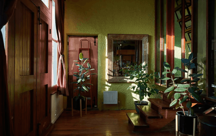 Light is pouring into an art deco living space, with timber finishings and a light lime-green feature wall at an Airbnb Melbourne apartment.