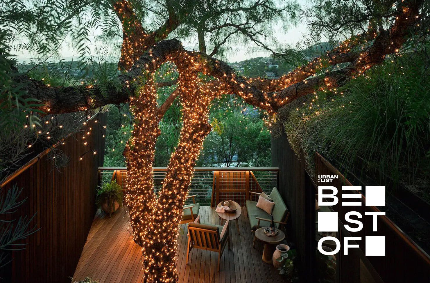 A deck with fairy lights at one of the best Airbnbs in NSW