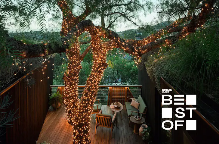 A deck with fairy lights at one of the best Airbnbs in NSW
