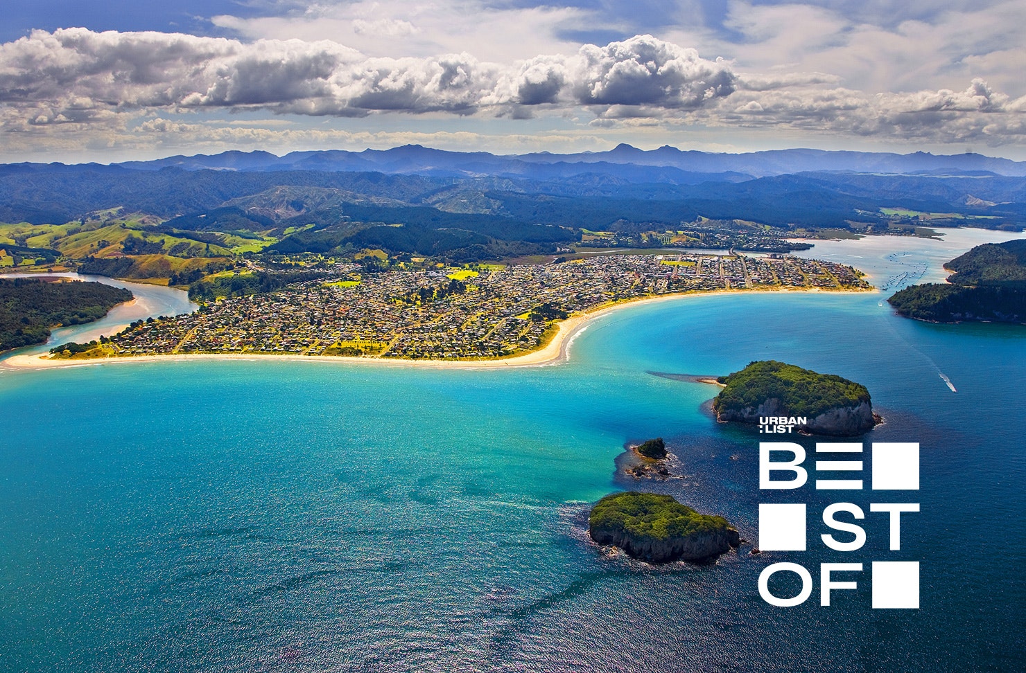 Whangamata is seen from a distance.