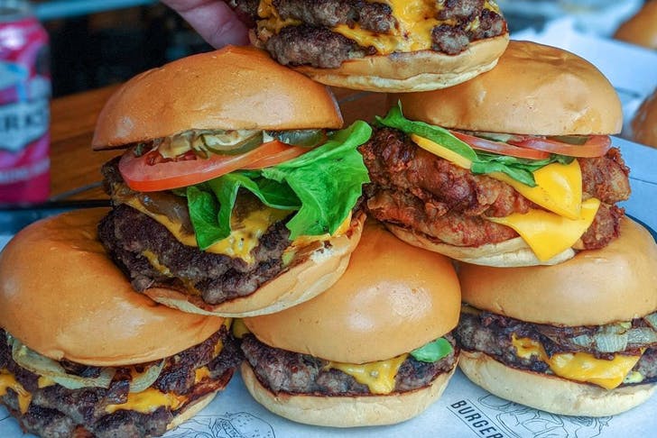 A stack of burgers from Burger Project, in Sydney. 