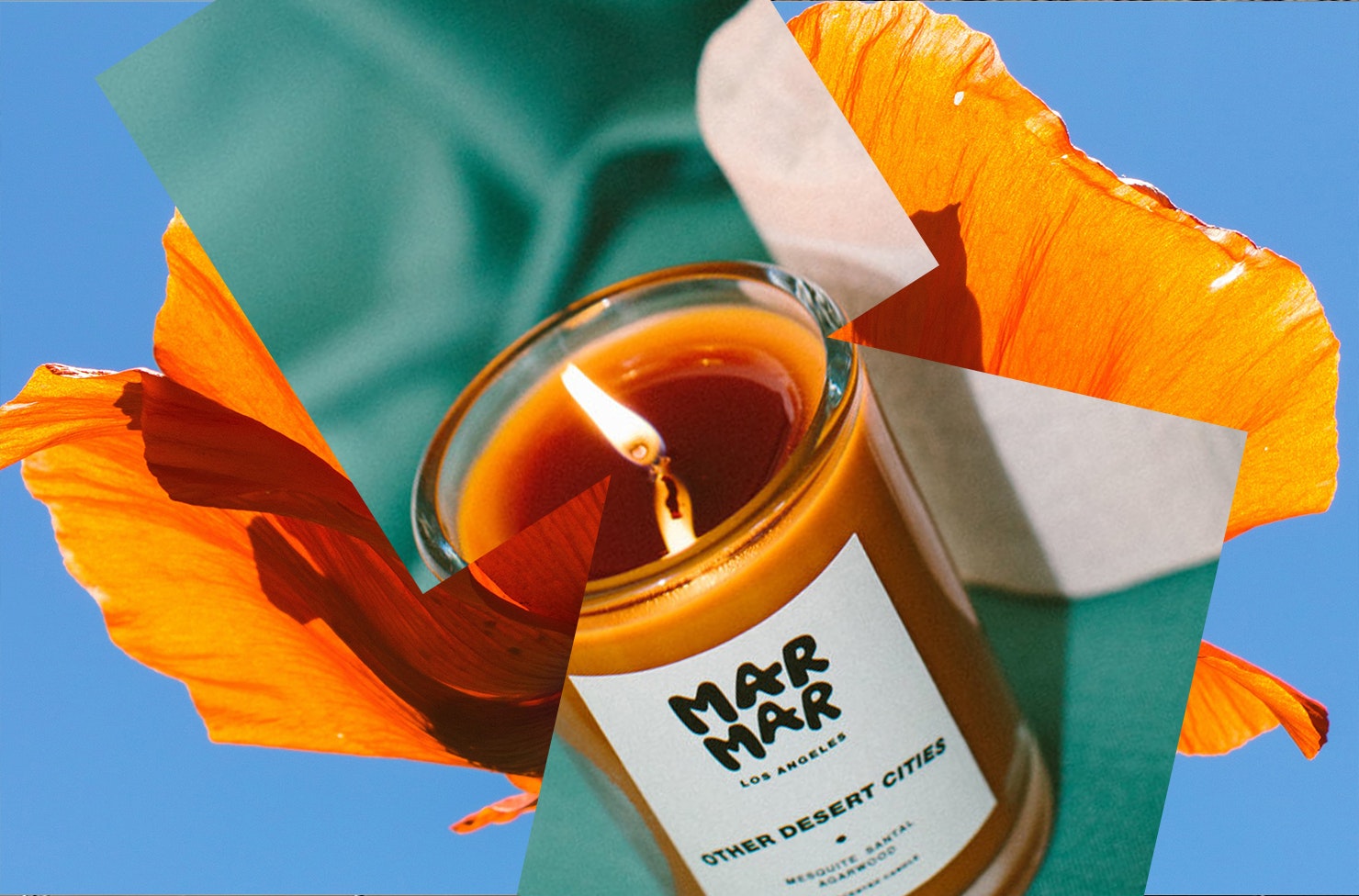 A collage featuring an orange poppy flower and an amber coloured candle