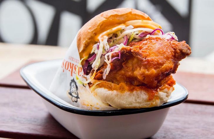 a big fried chicken sandwich from Drasko's