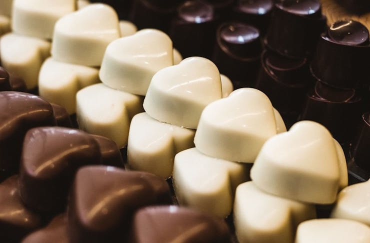 Heart shaped chocolates in milk, white, and dark chocolate from Koko Black.