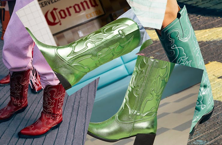 A collage featuring various coloured cowboy boots. 
