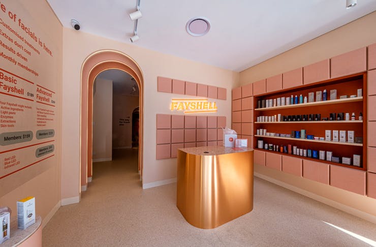 The peach-pink entry to Fayshell facial clinic in Sydney. 