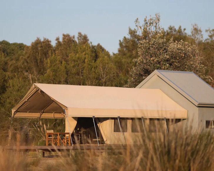 A safari-style glamping tent on the beach in Bawley Point, NSW