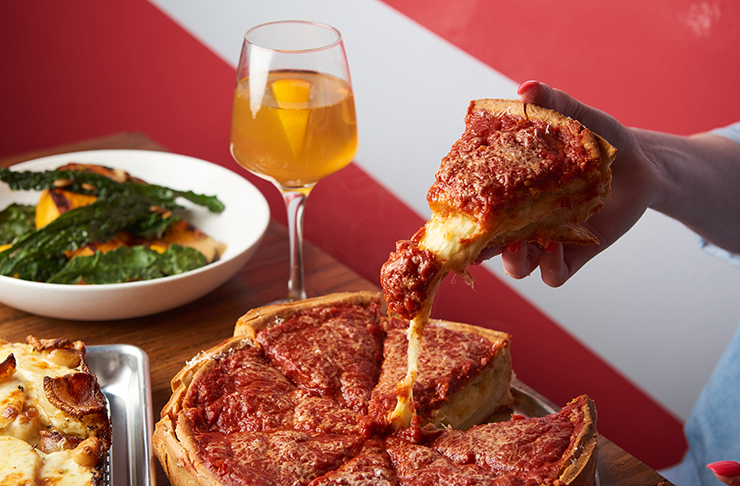 A deep dish Chicago-style pizza, considered one of Melbourne's best pizzas at Deep End.