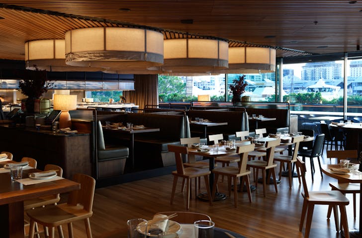 Japanese-style lanterns hover over booths at Rekodo restaurant in Barangaroo.  