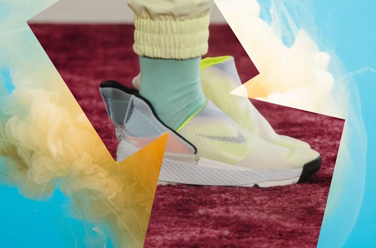 A collage showing the Nike Go FlyEase adaptive sneaker on a blue and yellow background. 
