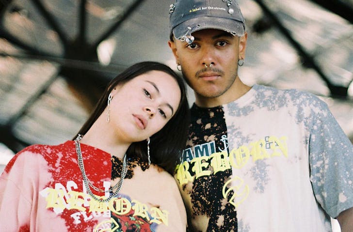 Models wearing brightly coloured t-shirts from REBORN by HoMie. 