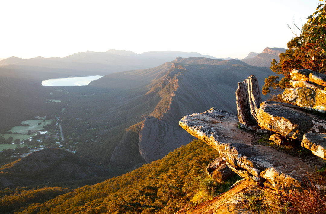 A lookout in the Grampians National Park overlooking the town of Halls Gap, Victoria.