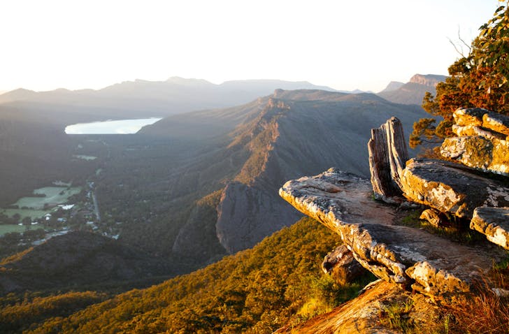 A lookout in the Grampians National Park overlooking the town of Halls Gap, Victoria.