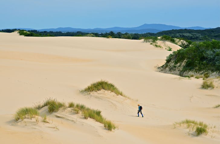 A man walks across sand dunes high above the landscape near Mallcoota, Victoria.