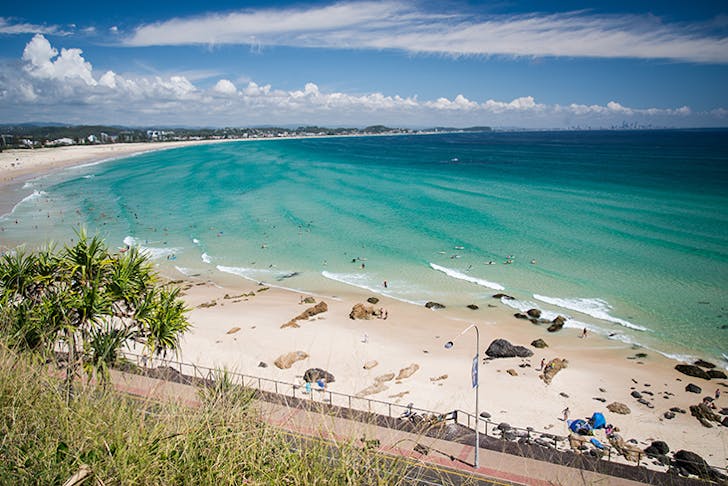 free walking tour gold coast A landscape shot of a beautiful beach at Kirra.