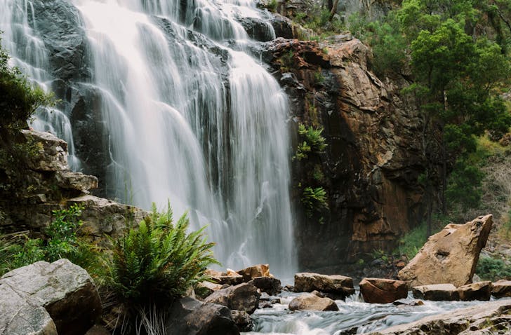 Water cascading over MacKenzie Falls in Victoria's Grampians region.