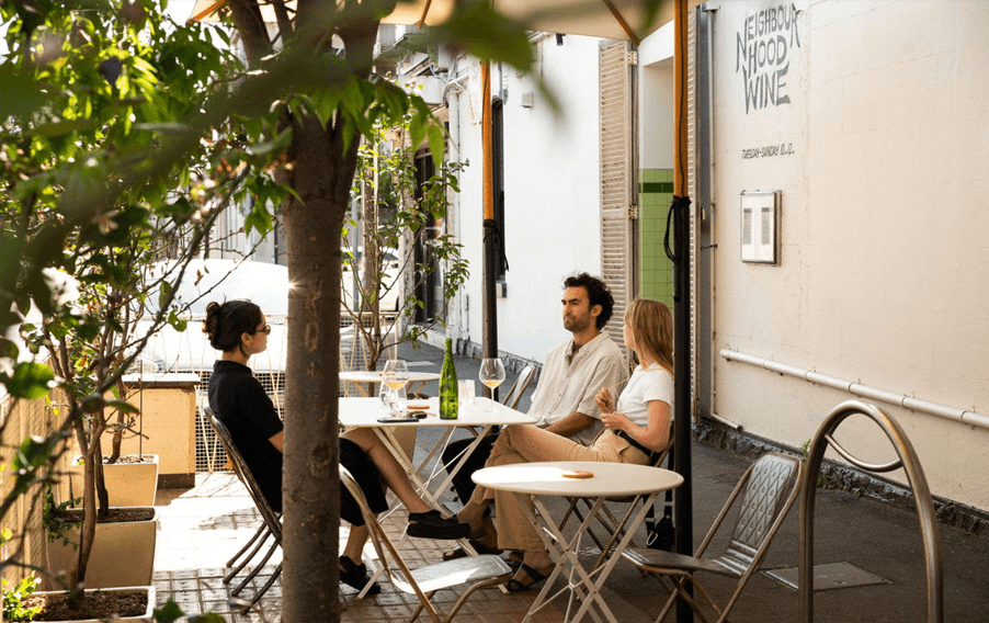 The charming outdoor courtyard at one of Melbourne's best wine bars, Neighbourhood Wine. 