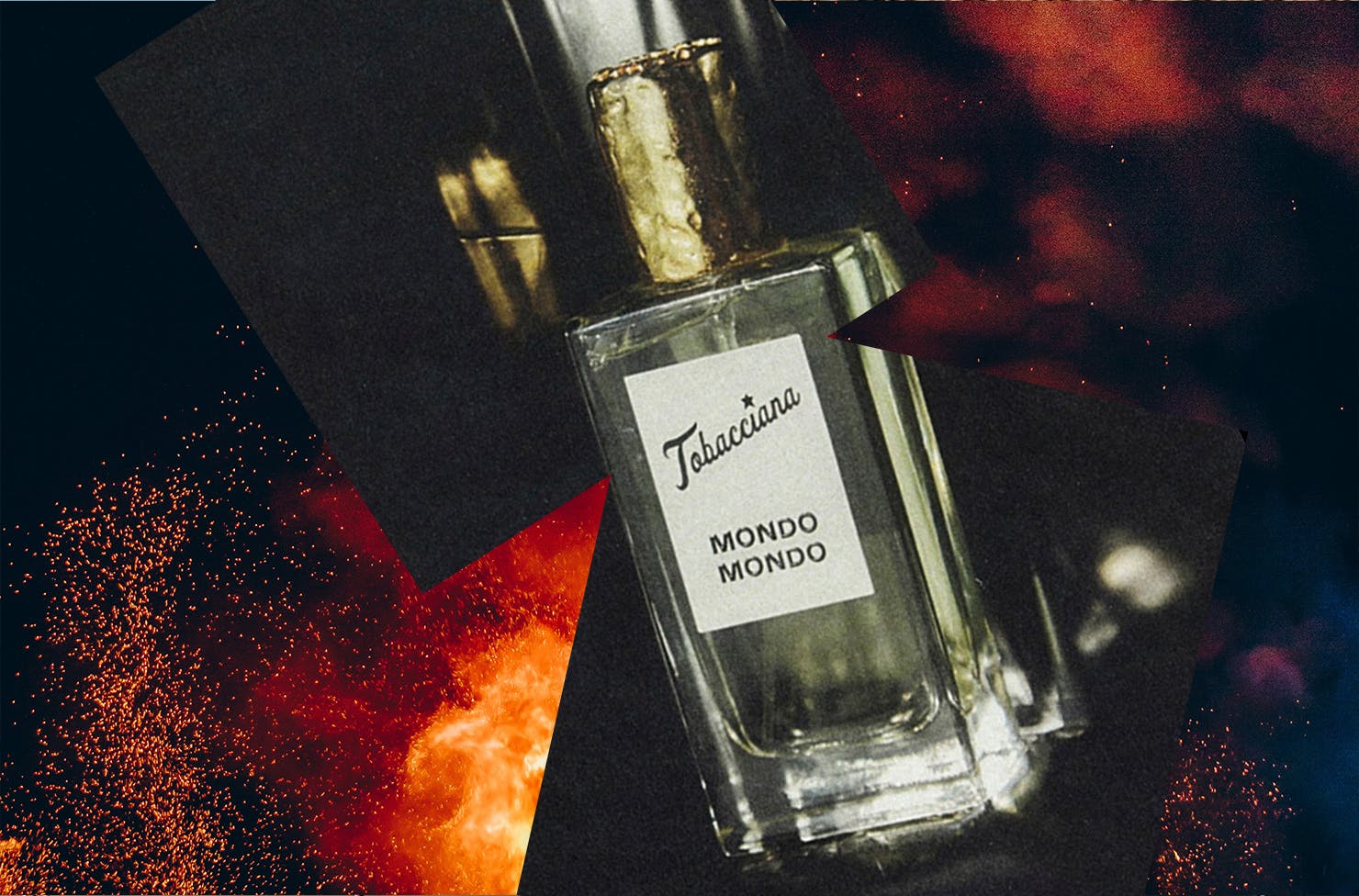 A collage featuring a bottle of Mondo Mondo perfume and flames. 