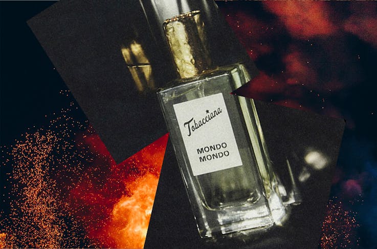 A collage featuring a bottle of Mondo Mondo perfume and flames. 