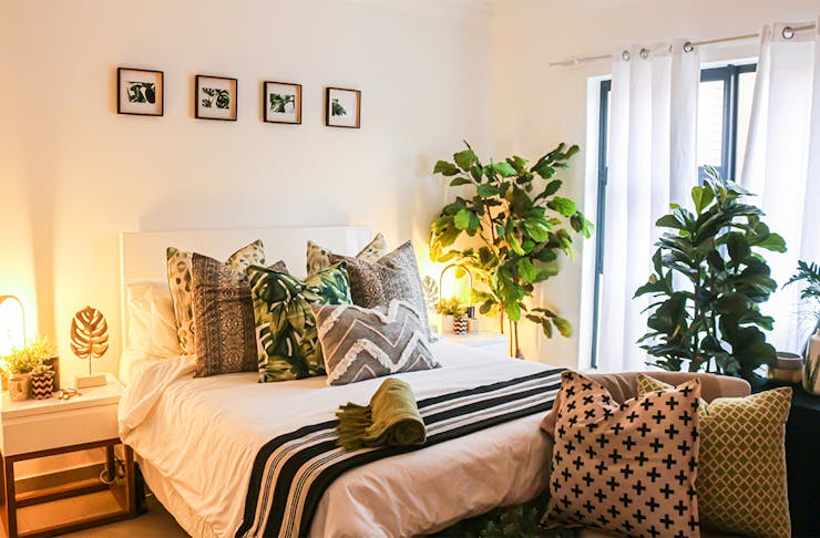 a bed inside a sunlit bedroom with plants by the window