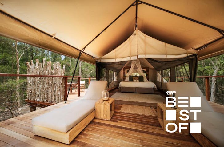 A safari-style glamping tent at Paperbark Camp, one of the best glamping spots near Sydney NSW