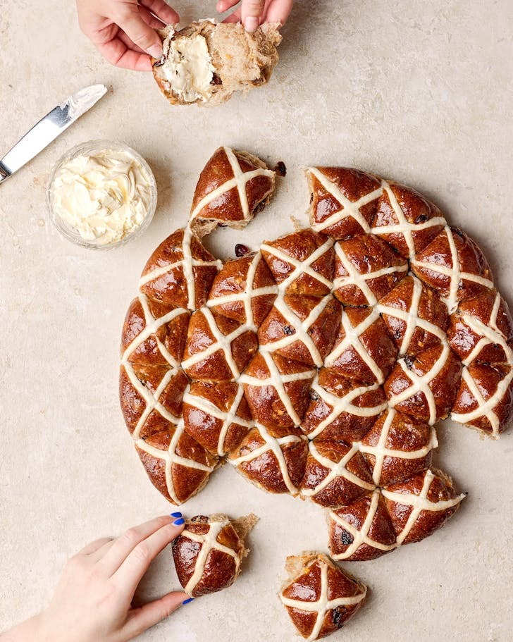 a huge wheel of hot cross buns from norma's in manly in sydney