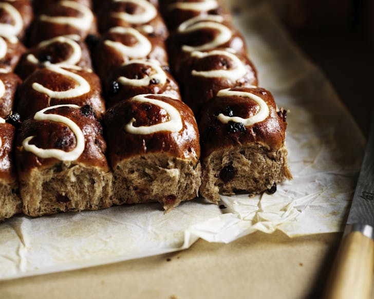 the not cross buns from sydney bakery sonoma, topped with an s instead of an x