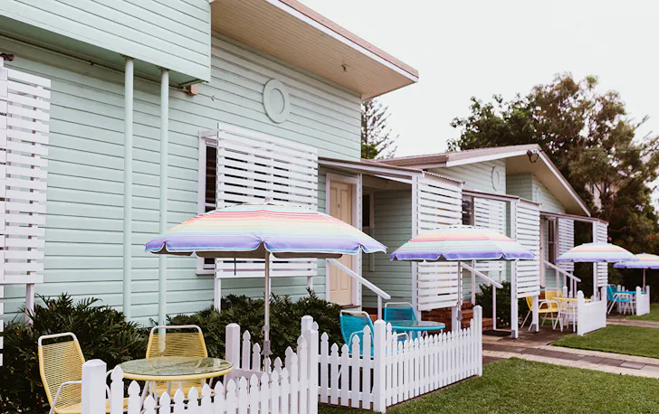 a pastel coloured motel
