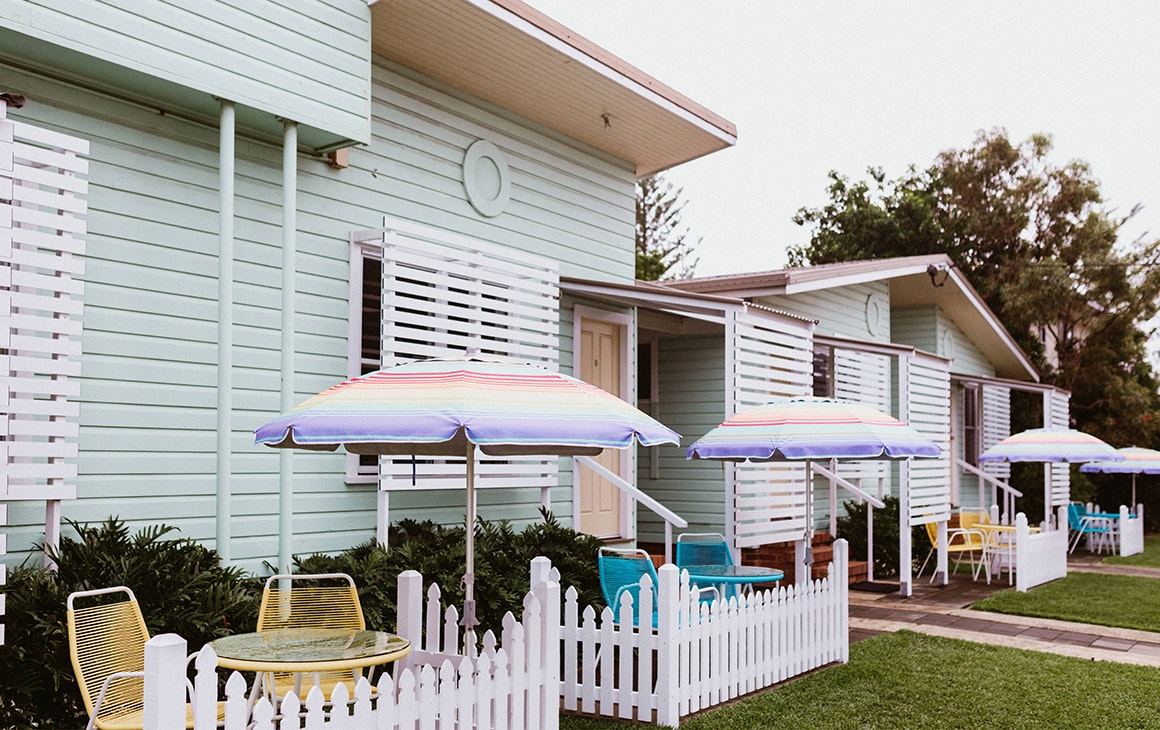 a pastel coloured motel