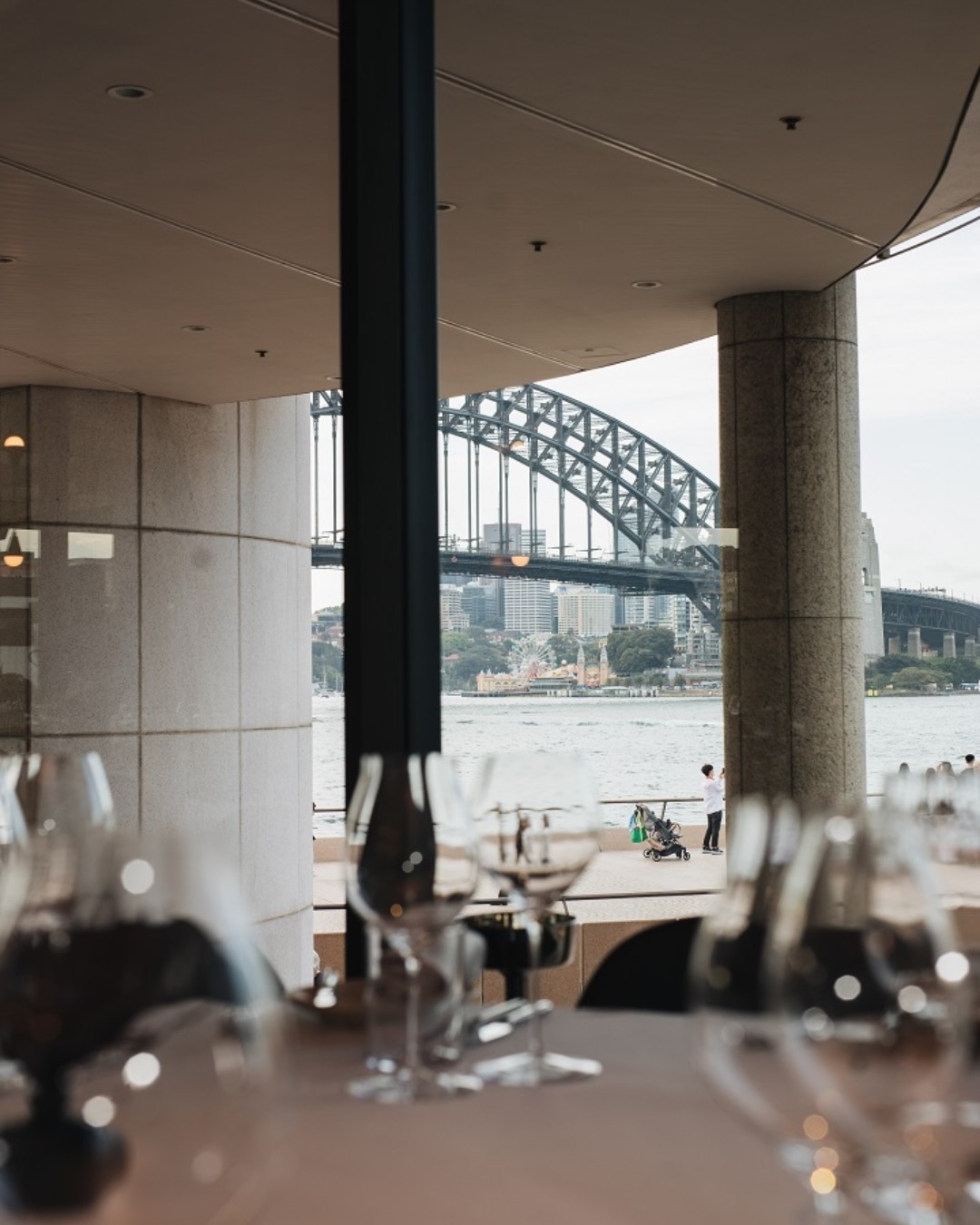 Looking to the Sydney Harbour Bridge from the dining room at Aria restaurant