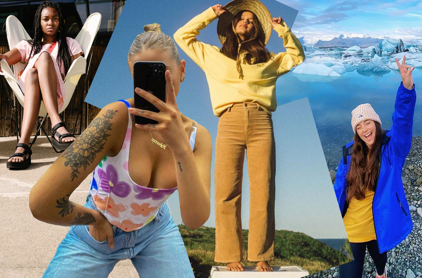 A collage of various people dressed in street style looks from this year's Black Friday sales. 